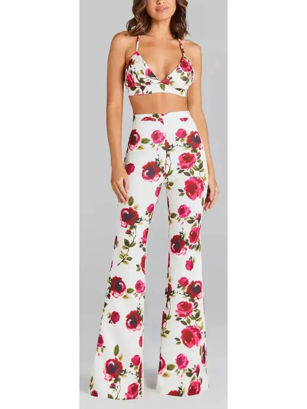 3-Piece Watercolor Rose Print Blazer, Bra Top and Pant Suit / Set