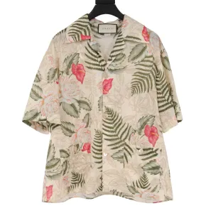 Floral Hawaiian Print Button Down Dual Pocket Bowling Shirt