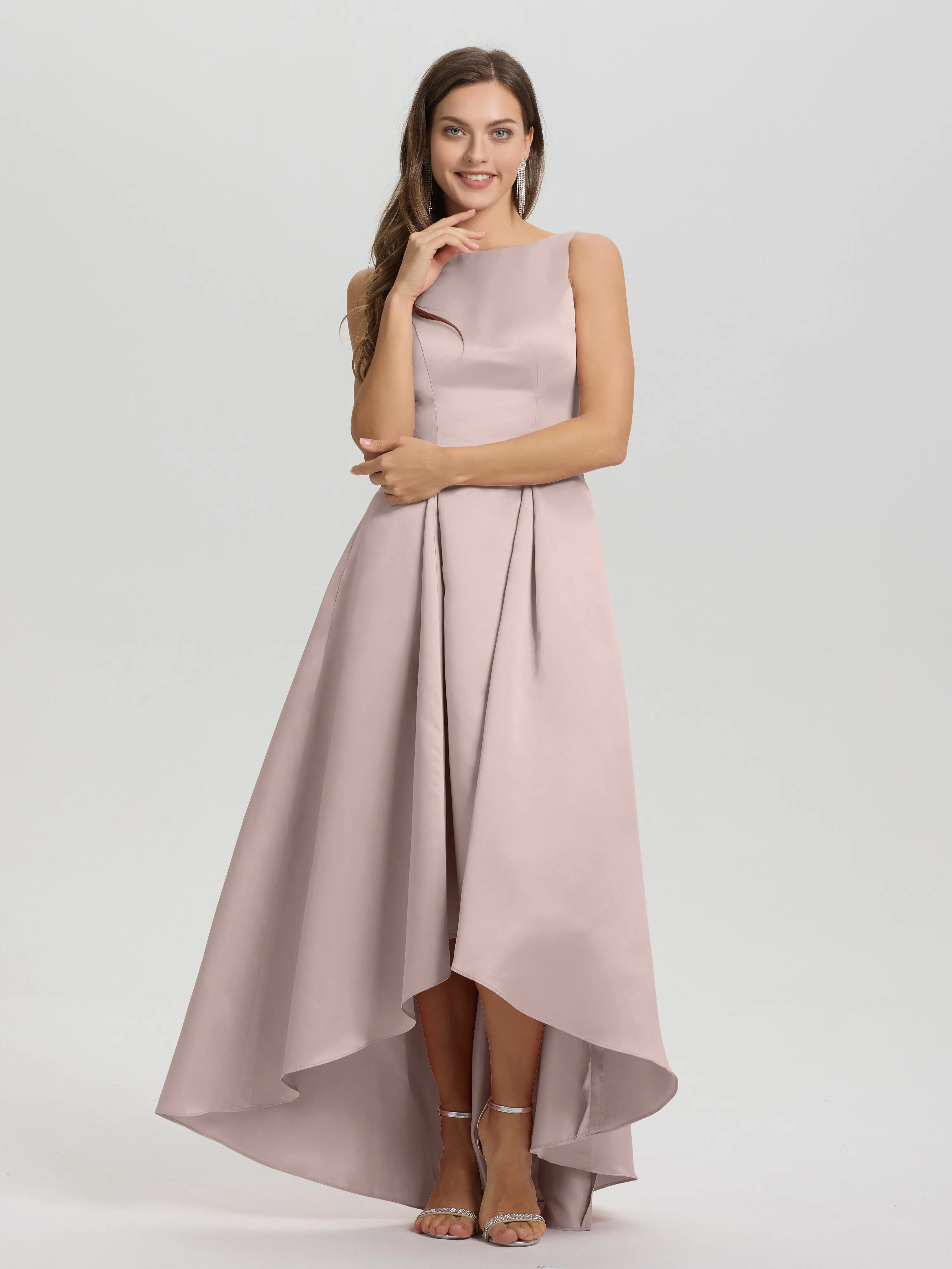 Jewel Sleeveless V-Back Long Satin Bridesmaid Dresses