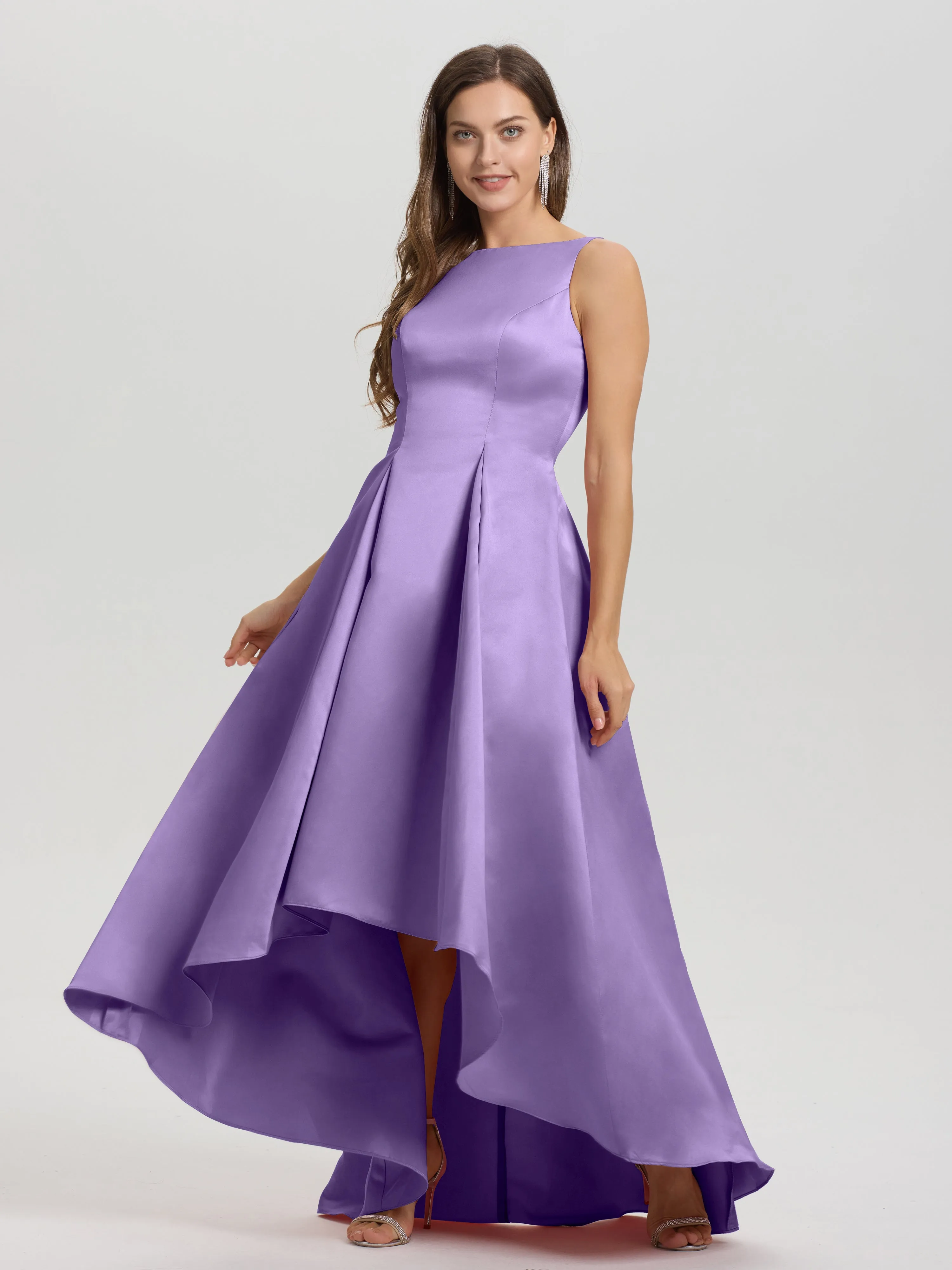 Jewel Sleeveless V-Back Long Satin Bridesmaid Dresses