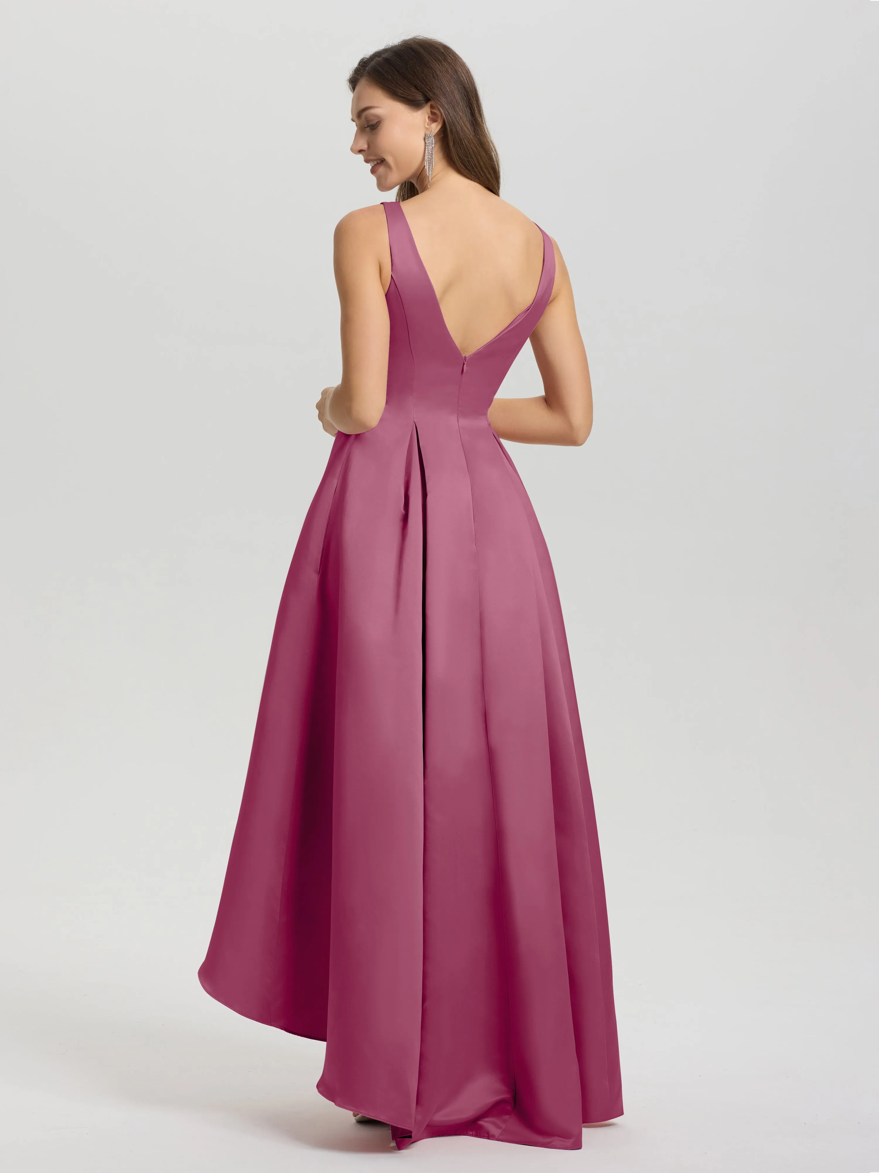 Jewel Sleeveless V-Back Long Satin Bridesmaid Dresses